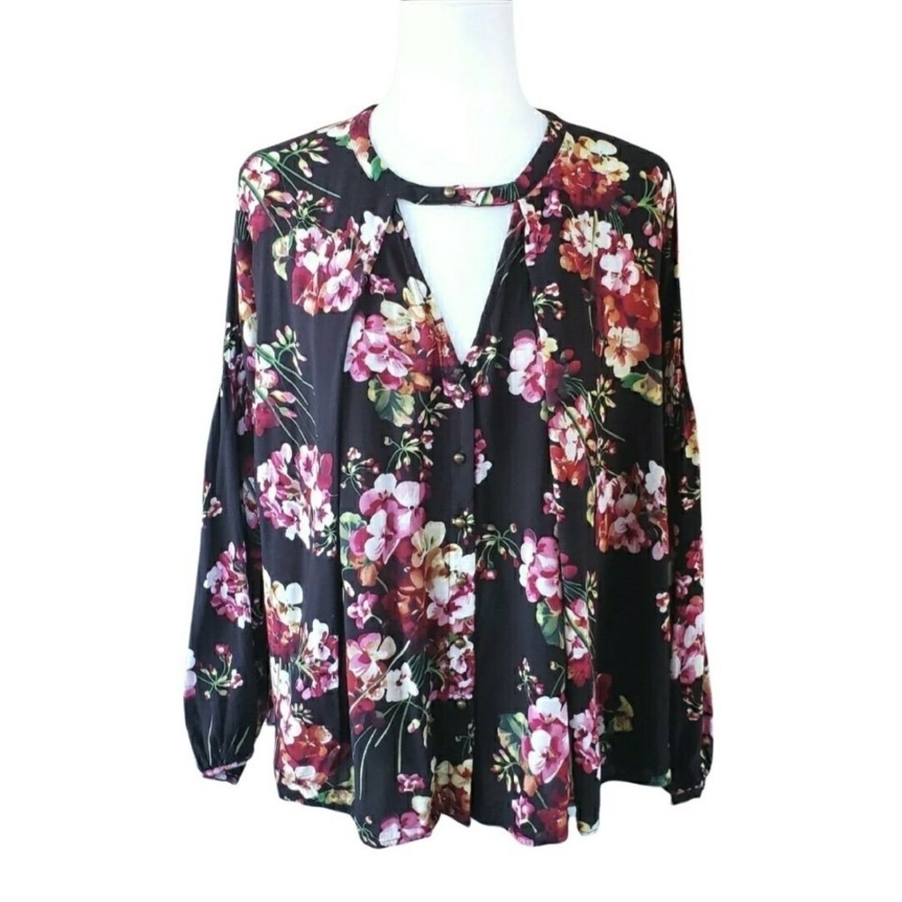 Umgee Black Floral Top Women's size Medium Babydoll Flowy Fit Long Sleeve Boho